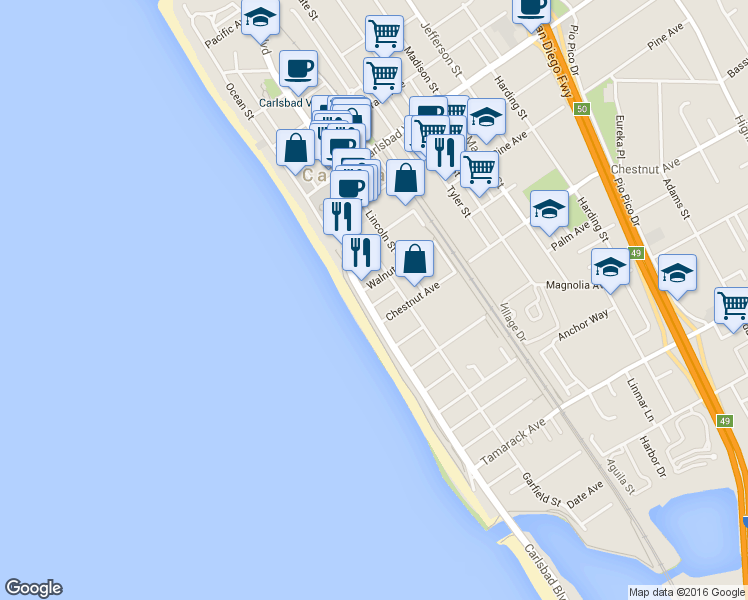 map of restaurants, bars, coffee shops, grocery stores, and more near 3384 Carlsbad Boulevard in Carlsbad