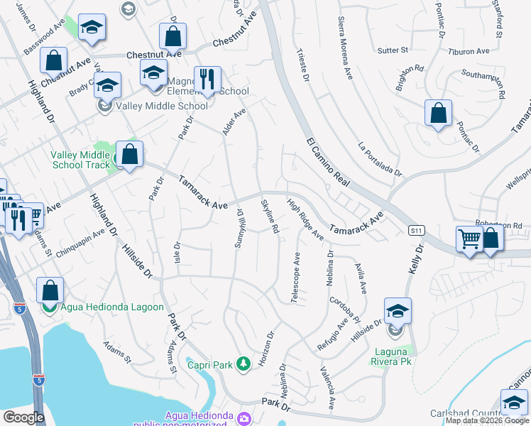 map of restaurants, bars, coffee shops, grocery stores, and more near 4135 Skyline Road in Carlsbad