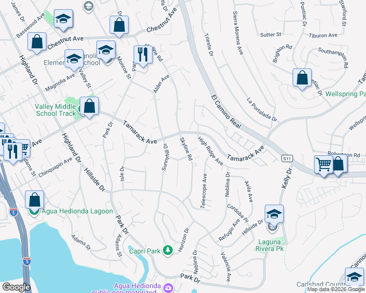 map of restaurants, bars, coffee shops, grocery stores, and more near 4155 Skyline Road in Carlsbad