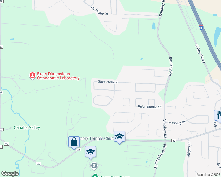 map of restaurants, bars, coffee shops, grocery stores, and more near 171 Moss Stone Lane in Calera