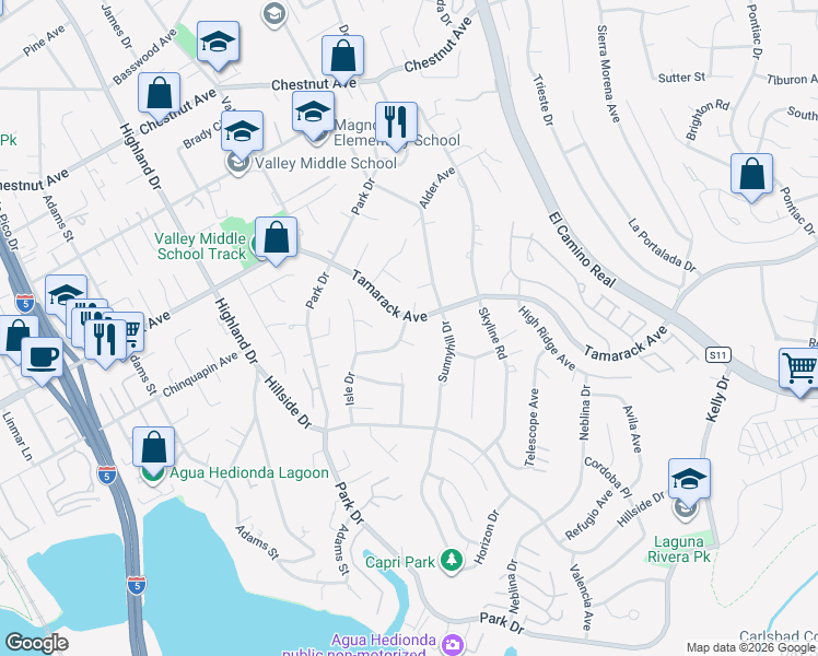 map of restaurants, bars, coffee shops, grocery stores, and more near 1751 Tamarack Avenue in Carlsbad