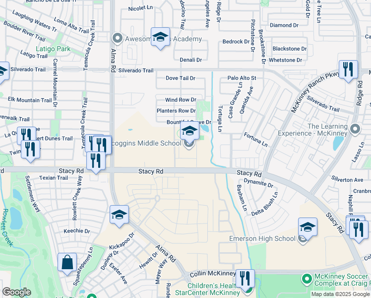 map of restaurants, bars, coffee shops, grocery stores, and more near 7070 Stacy Road in McKinney