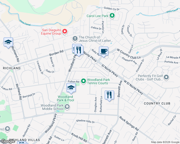 map of restaurants, bars, coffee shops, grocery stores, and more near 1401 West El Norte Parkway in San Marcos