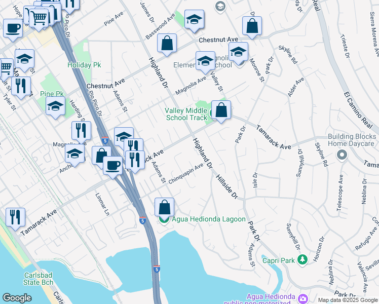 map of restaurants, bars, coffee shops, grocery stores, and more near 3932-34 Syme Drive in Carlsbad