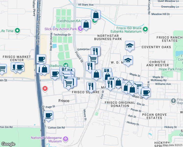 map of restaurants, bars, coffee shops, grocery stores, and more near 6235 Main Street in Frisco
