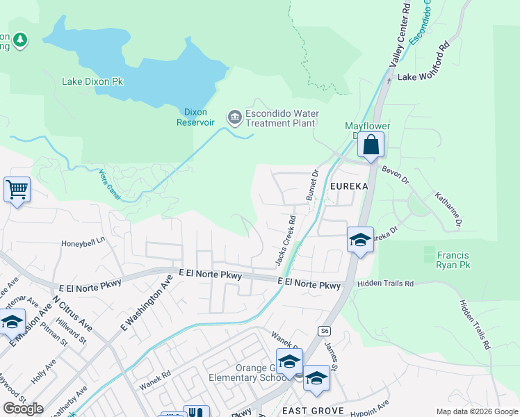 map of restaurants, bars, coffee shops, grocery stores, and more near 648 Oakwood Creek Glen in Escondido