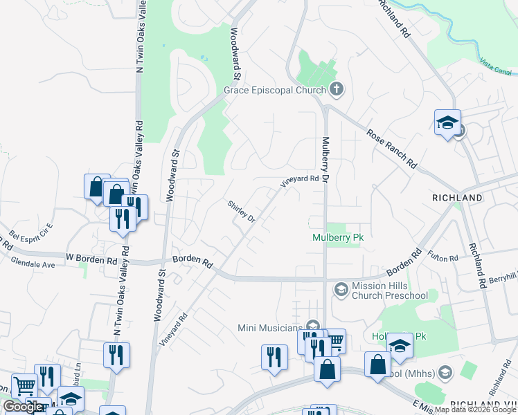 map of restaurants, bars, coffee shops, grocery stores, and more near 746 Vineyard Road in San Marcos