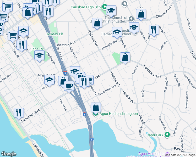 map of restaurants, bars, coffee shops, grocery stores, and more near 1199 Tamarack Avenue in Carlsbad