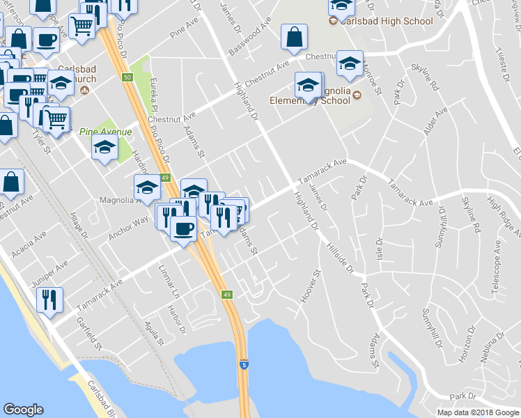 map of restaurants, bars, coffee shops, grocery stores, and more near 1199 Tamarack Avenue in Carlsbad
