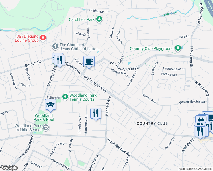 map of restaurants, bars, coffee shops, grocery stores, and more near 1724 Woodbridge Road in Escondido