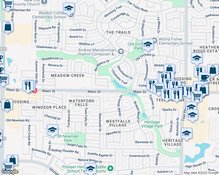 map of restaurants, bars, coffee shops, grocery stores, and more near 1825 Carson Lane in Frisco