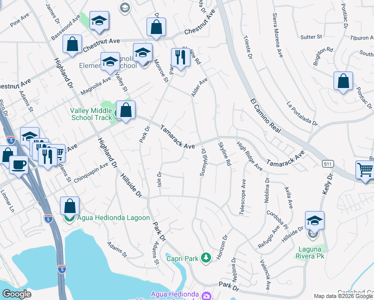 map of restaurants, bars, coffee shops, grocery stores, and more near 1751 Tamarack Avenue in Carlsbad