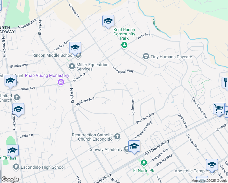 map of restaurants, bars, coffee shops, grocery stores, and more near 1153 Hubbard Avenue in Escondido