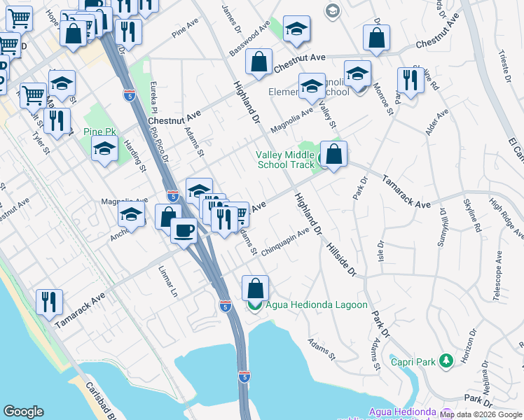 map of restaurants, bars, coffee shops, grocery stores, and more near 1199 Tamarack Avenue in Carlsbad