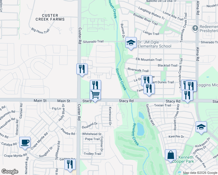 map of restaurants, bars, coffee shops, grocery stores, and more near 8700 Stacy Road in McKinney