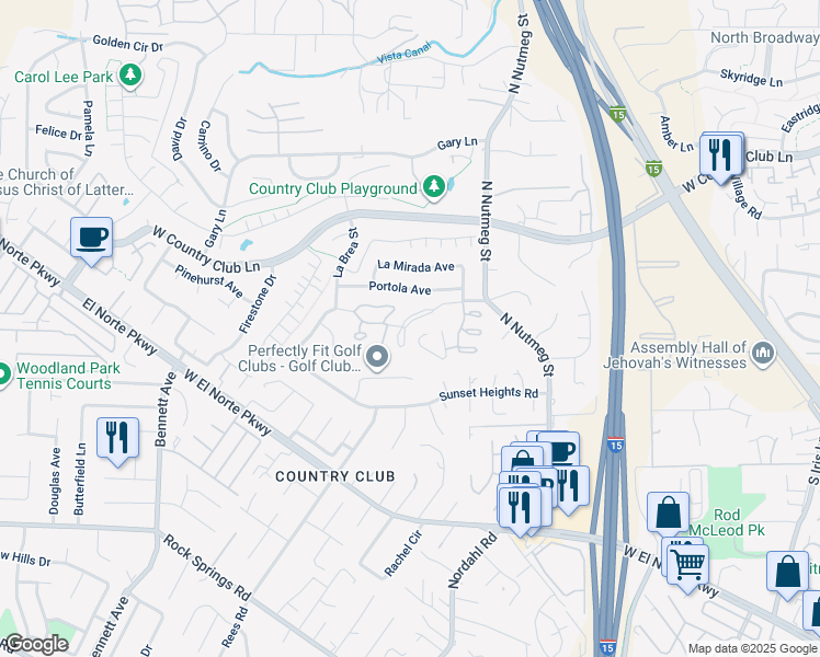 map of restaurants, bars, coffee shops, grocery stores, and more near 1237 La Paloma Glen in Escondido