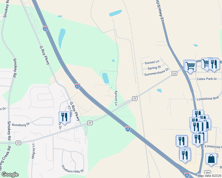 map of restaurants, bars, coffee shops, grocery stores, and more near 31 Apricot Drive in Calera