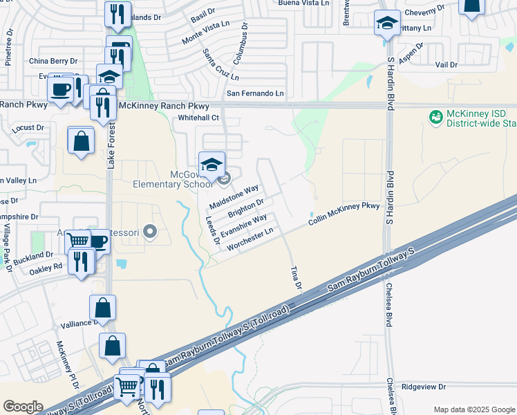 map of restaurants, bars, coffee shops, grocery stores, and more near 4521 Maidstone Way in McKinney
