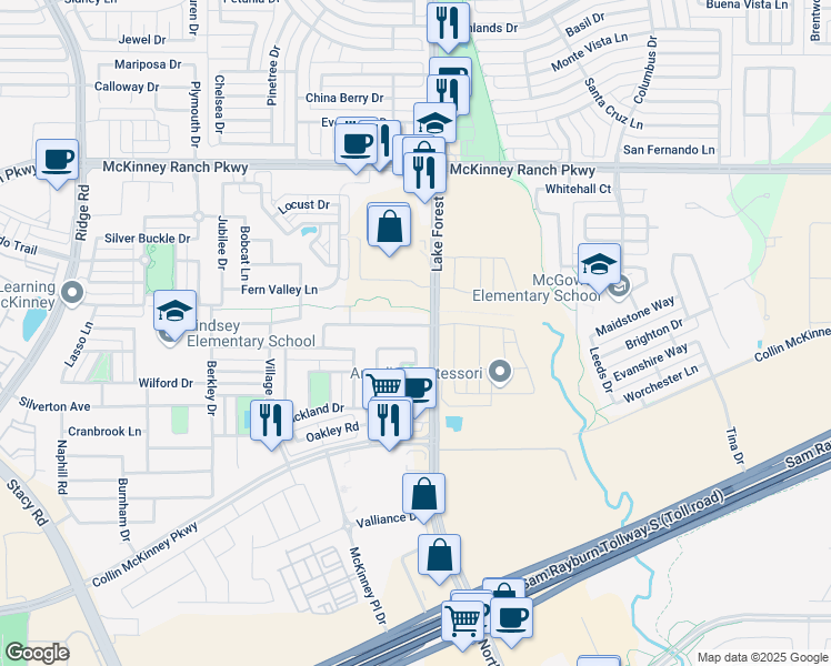 map of restaurants, bars, coffee shops, grocery stores, and more near 5009 Dunster Drive in McKinney