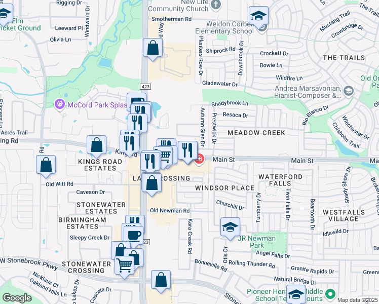 map of restaurants, bars, coffee shops, grocery stores, and more near 739 Shadow Trail in Frisco