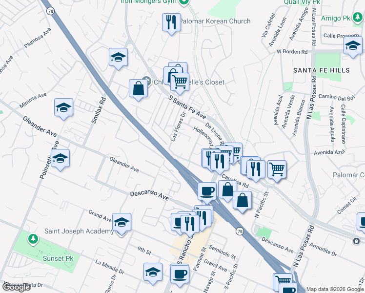 map of restaurants, bars, coffee shops, grocery stores, and more near 3415 Polley Drive in San Marcos