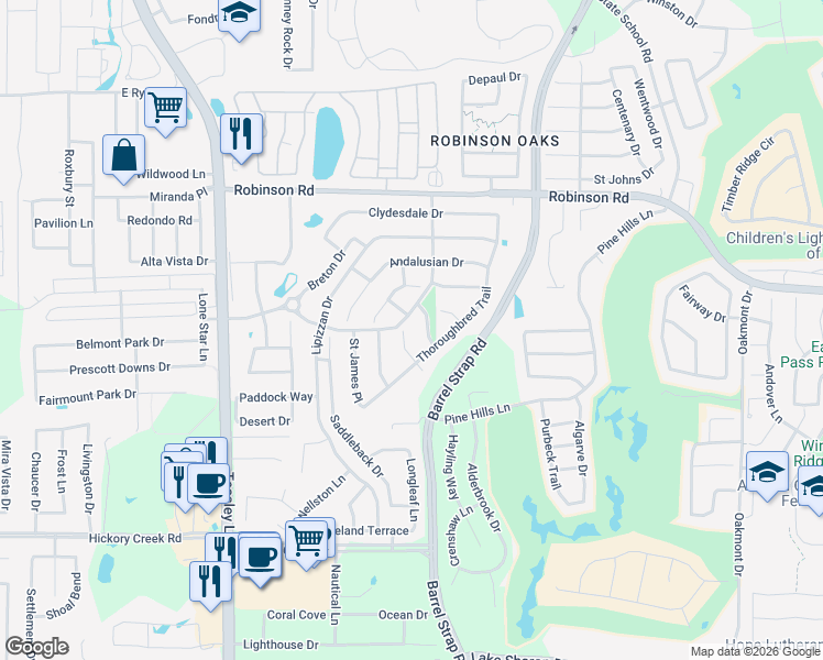 map of restaurants, bars, coffee shops, grocery stores, and more near 6100 Thackery Drive in Denton