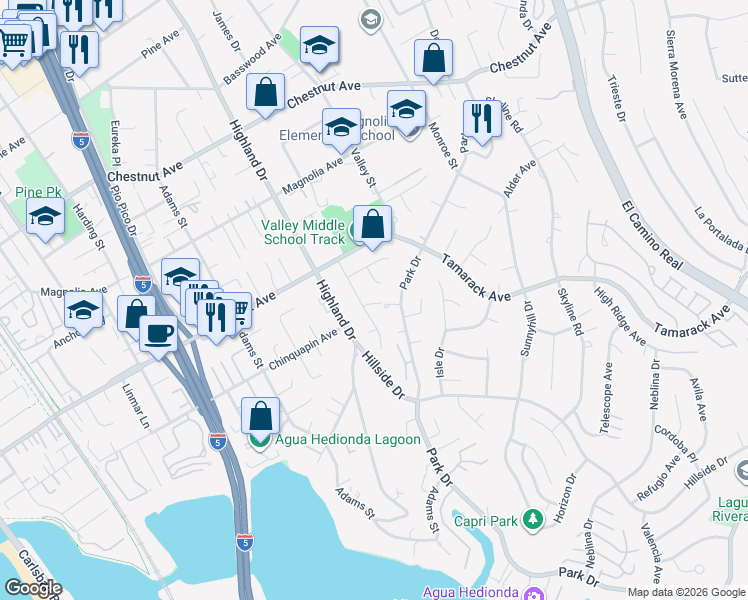 map of restaurants, bars, coffee shops, grocery stores, and more near 4000 James Drive in Carlsbad