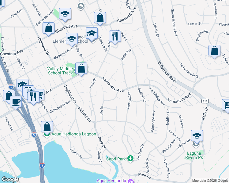 map of restaurants, bars, coffee shops, grocery stores, and more near 1745 Tamarack Avenue in Carlsbad