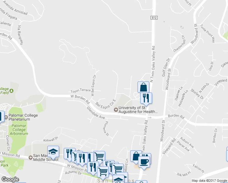 map of restaurants, bars, coffee shops, grocery stores, and more near 850 Bel Esprit Circle in San Marcos