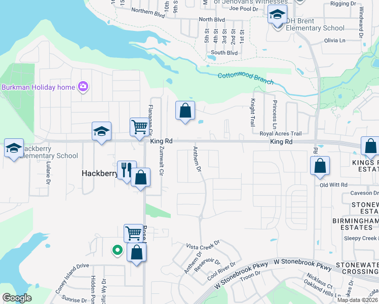 map of restaurants, bars, coffee shops, grocery stores, and more near 15222 King Road in Frisco