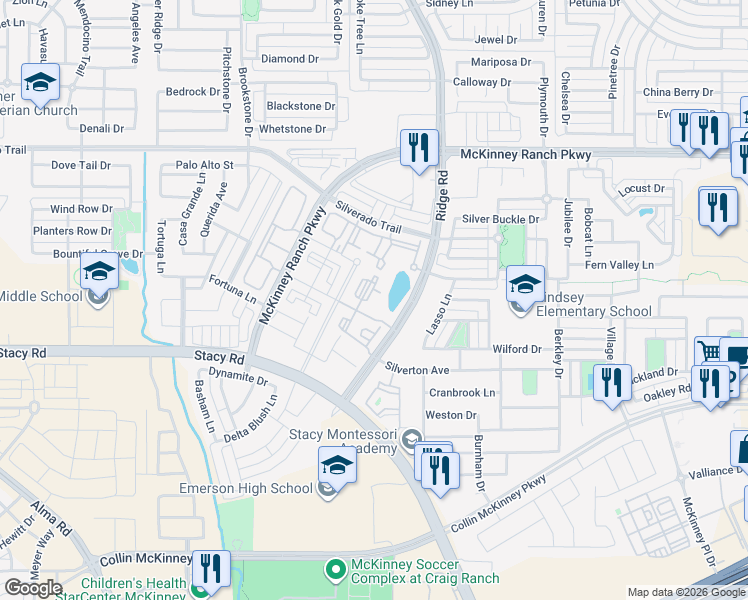 map of restaurants, bars, coffee shops, grocery stores, and more near 4700 Ridge Road in McKinney