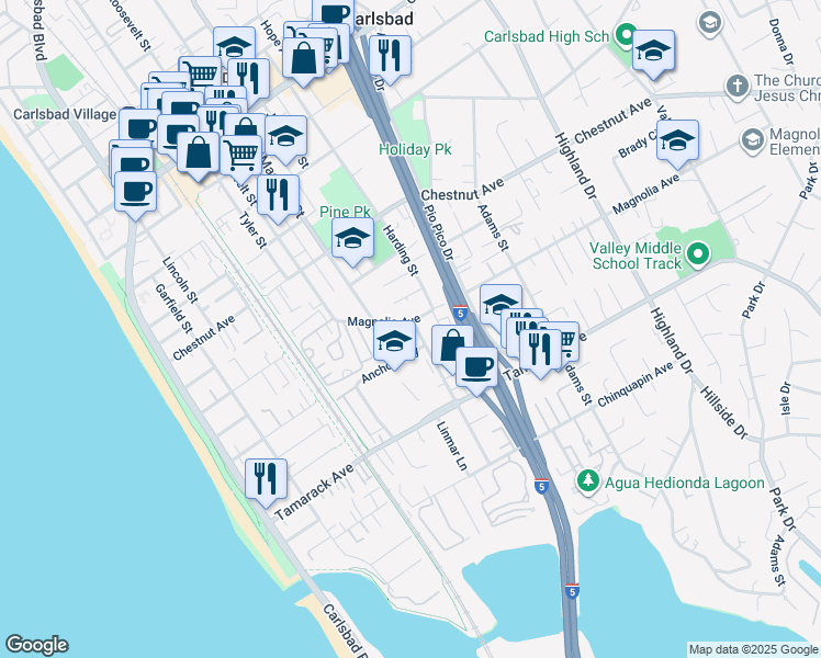 map of restaurants, bars, coffee shops, grocery stores, and more near 757 Camellia Place in Carlsbad