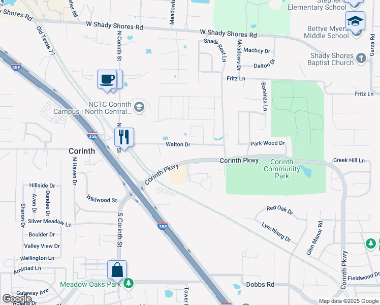 map of restaurants, bars, coffee shops, grocery stores, and more near 3511 Corinth Parkway in Corinth