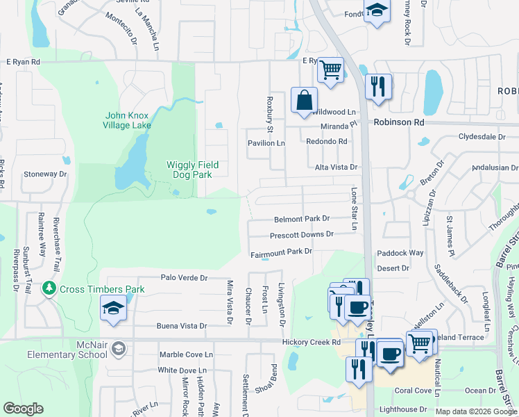 map of restaurants, bars, coffee shops, grocery stores, and more near 2009 Del Mar Court in Denton
