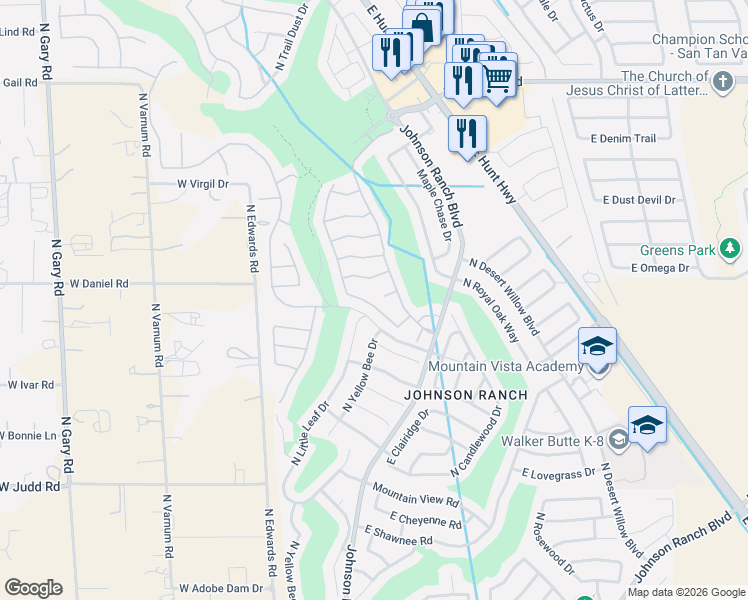 map of restaurants, bars, coffee shops, grocery stores, and more near 30193 North Sunray Drive in Queen Creek