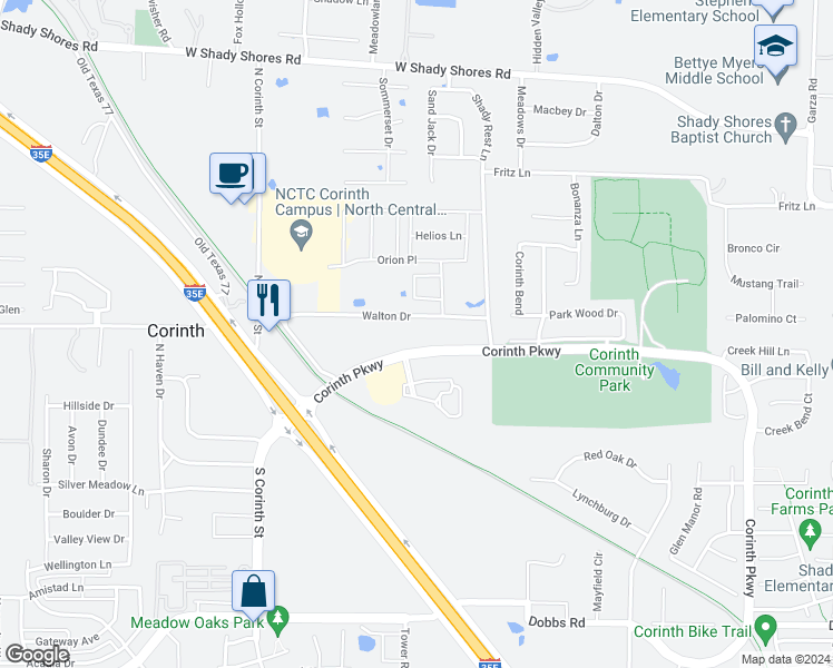 map of restaurants, bars, coffee shops, grocery stores, and more near 3511 Corinth Parkway in Corinth