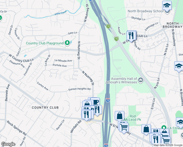 map of restaurants, bars, coffee shops, grocery stores, and more near 2036 Leo Court in Escondido