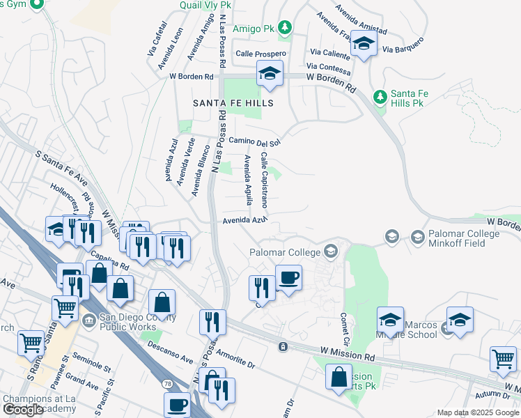 map of restaurants, bars, coffee shops, grocery stores, and more near 1198 Corte Ladera in San Marcos