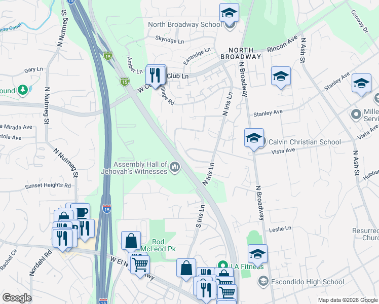 map of restaurants, bars, coffee shops, grocery stores, and more near 414 Elkhorn Lane in Escondido