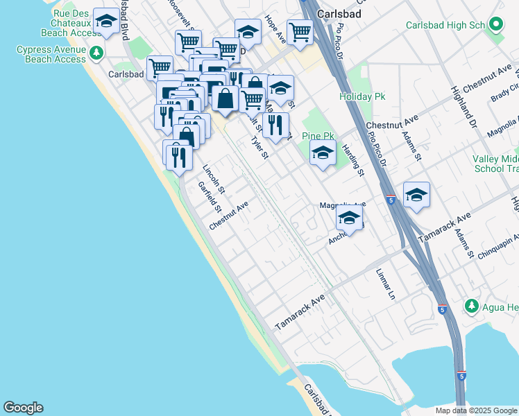 map of restaurants, bars, coffee shops, grocery stores, and more near 360 Chestnut Avenue in Carlsbad