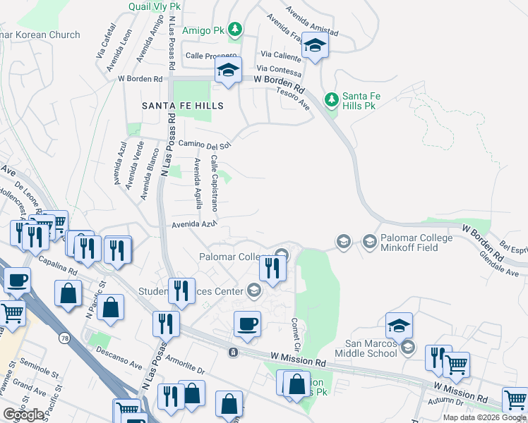 map of restaurants, bars, coffee shops, grocery stores, and more near 1155 Avenida Azul in San Marcos