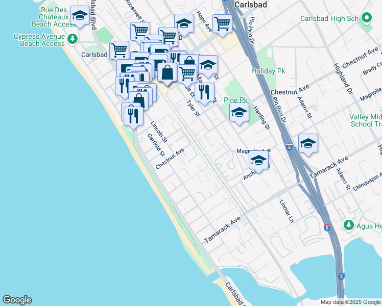 map of restaurants, bars, coffee shops, grocery stores, and more near 357 Chestnut Avenue in Carlsbad