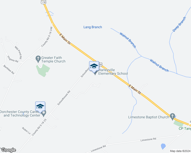 map of restaurants, bars, coffee shops, grocery stores, and more near 1650 East Main Street in Dorchester County