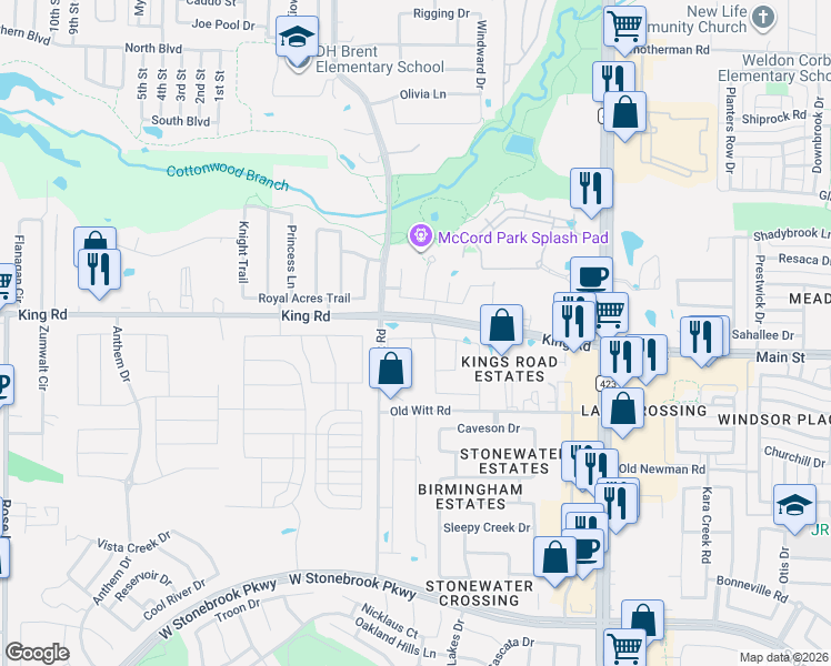 map of restaurants, bars, coffee shops, grocery stores, and more near 14196 King Road in Frisco