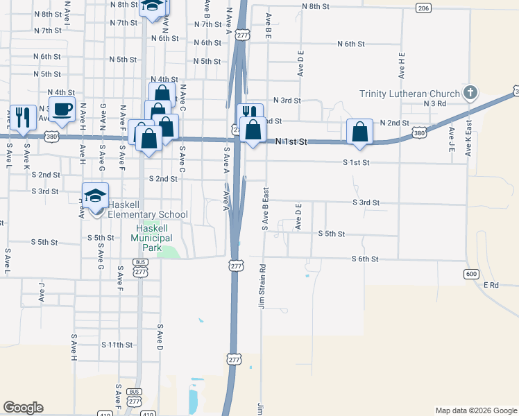 map of restaurants, bars, coffee shops, grocery stores, and more near 300 South Avenue B East in Haskell