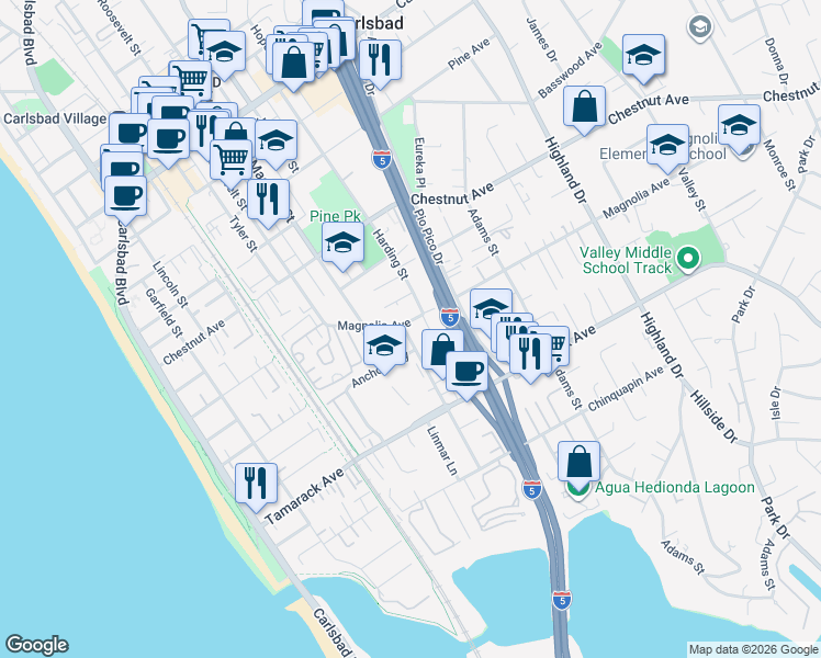 map of restaurants, bars, coffee shops, grocery stores, and more near 3700-2 Jefferson Street in Carlsbad