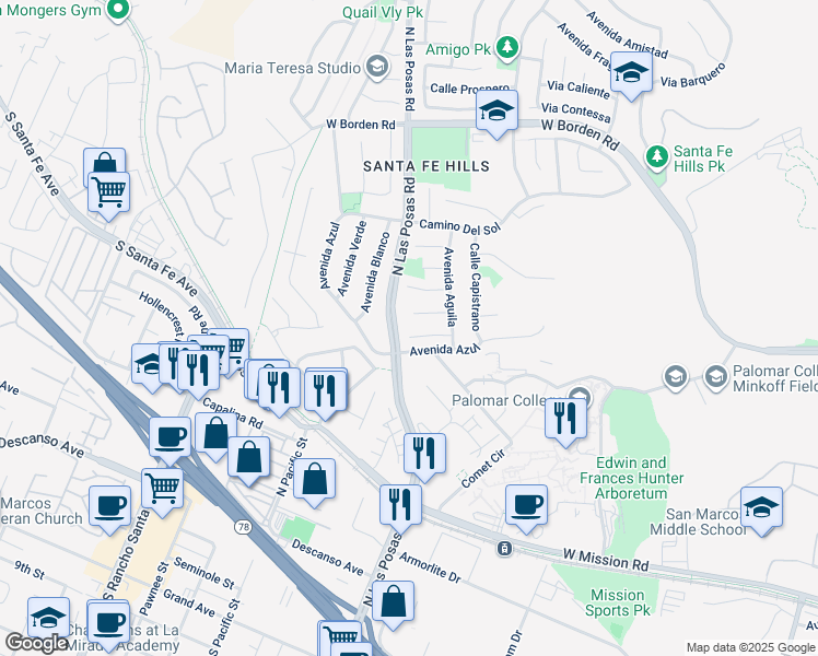 map of restaurants, bars, coffee shops, grocery stores, and more near 1230 Corte Bello in San Marcos