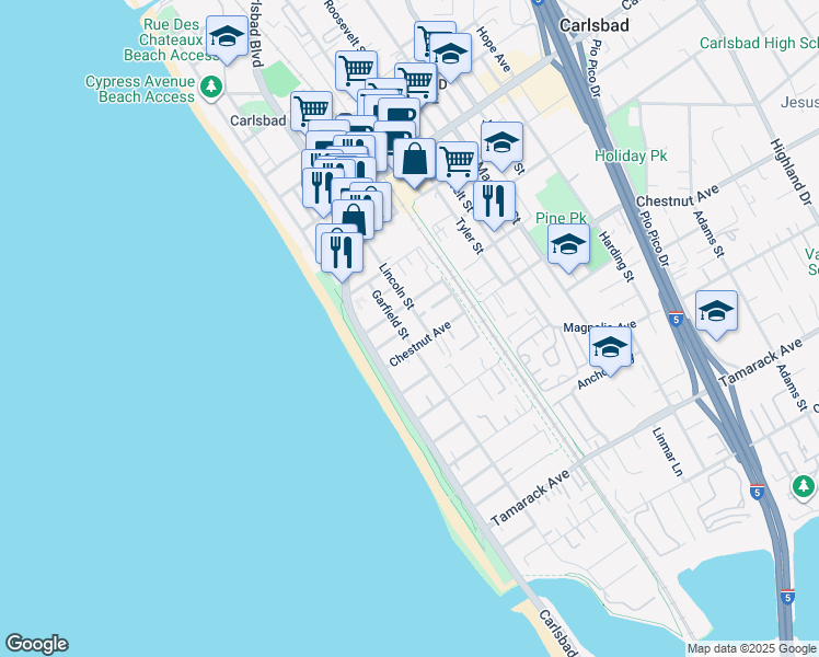 map of restaurants, bars, coffee shops, grocery stores, and more near 3349 Lincoln Street in Carlsbad