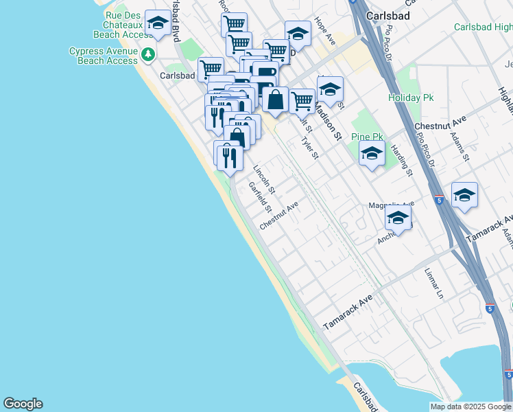 map of restaurants, bars, coffee shops, grocery stores, and more near 166 Walnut Avenue in Carlsbad