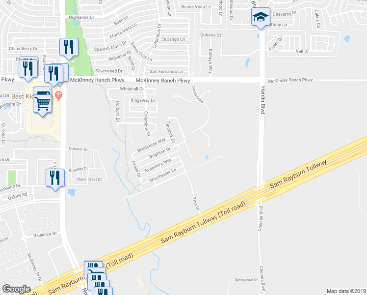 map of restaurants, bars, coffee shops, grocery stores, and more near 4504 Wembley Court in McKinney